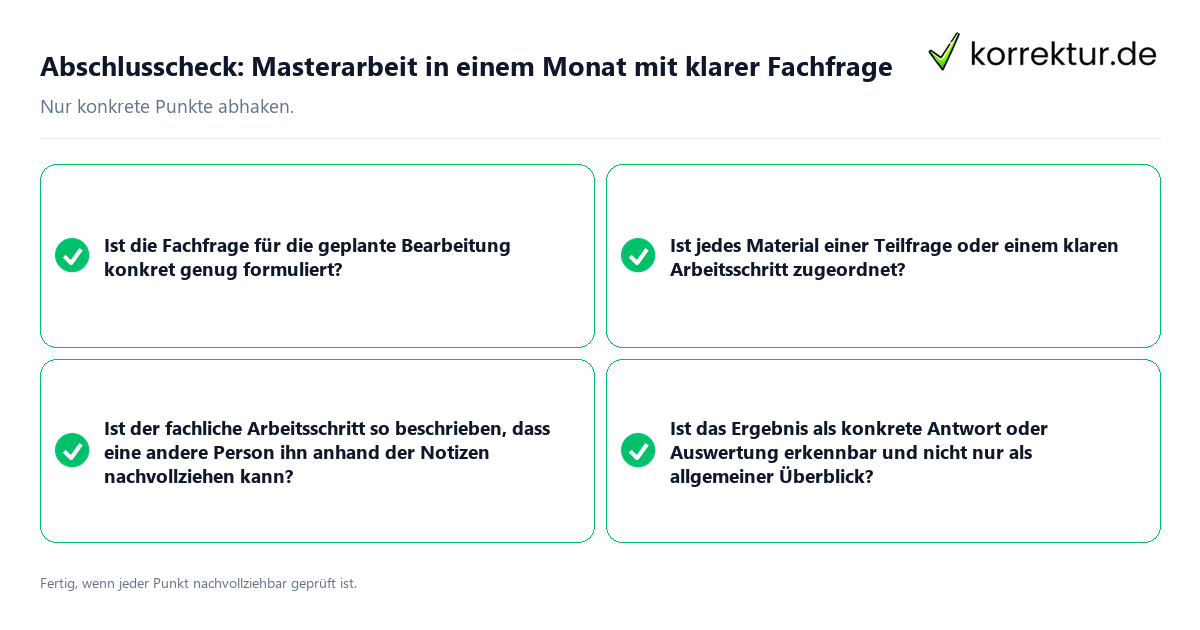 Abschlusscheck: Masterarbeit in einem Monat mit klarer Fachfrage Konkreter Abschlusscheck zu Masterarbeit in einem Monat mit klarer Fachfrage
