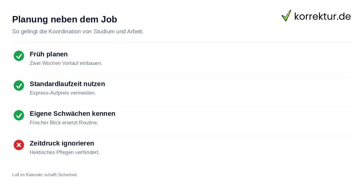 Planung neben dem Job Checklist Korrektorat neben Nebenjob Zeitplanung