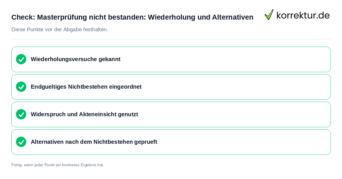 Check: Masterprüfung nicht bestanden: Wiederholung und Alternativen Masterprüfung nicht bestanden: Wiederholung und Alternativen: Prüfliste mit vier Punkten