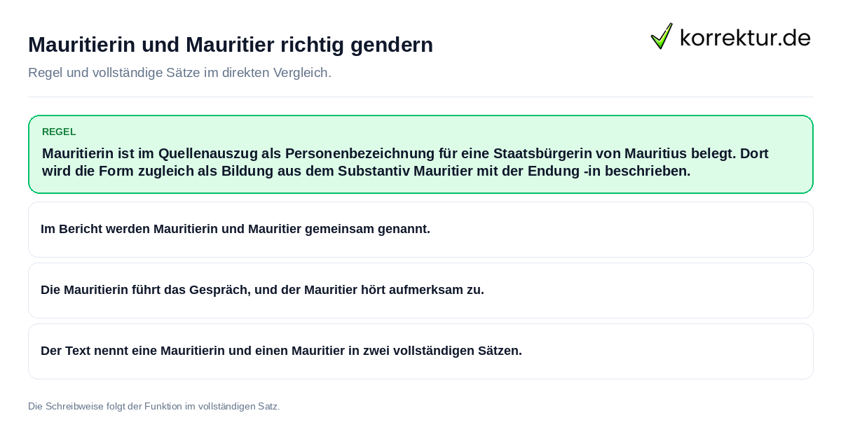 Mauritierin und Mauritier richtig gendern Konkrete Regel und vollständige Beispielsätze zu Mauritierin und Mauritier richtig gendern