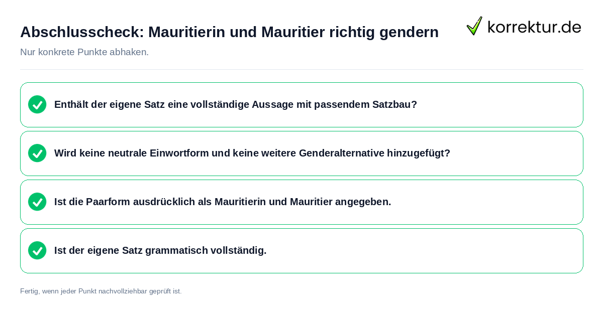 Abschlusscheck: Mauritierin und Mauritier richtig gendern Konkreter Abschlusscheck zu Mauritierin und Mauritier richtig gendern