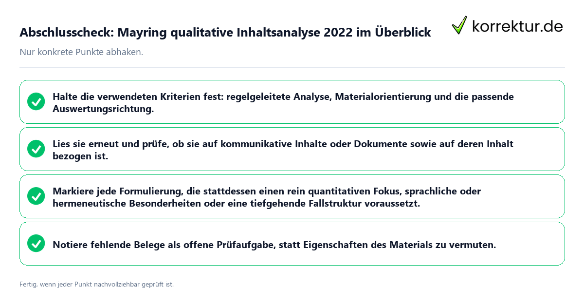 Abschlusscheck: Mayring qualitative Inhaltsanalyse 2022 im Überblick Konkreter Abschlusscheck zu Mayring qualitative Inhaltsanalyse 2022 im Überblick