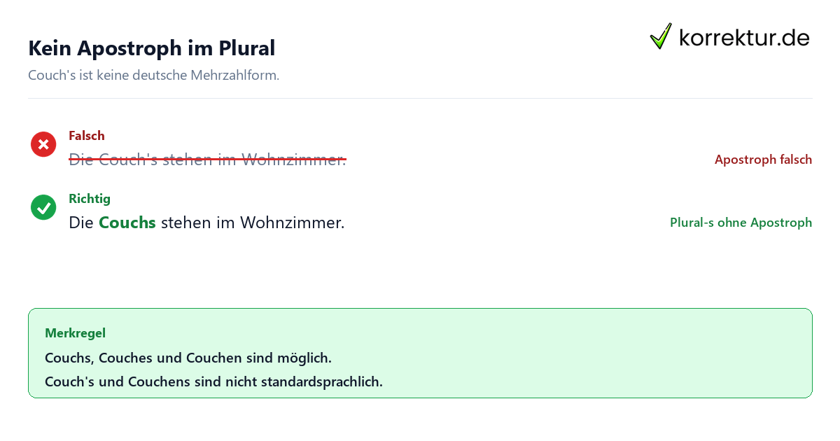 Kein Apostroph im Plural Mehrzahl von Couch richtig schreiben: kein Apostroph bei Couchs