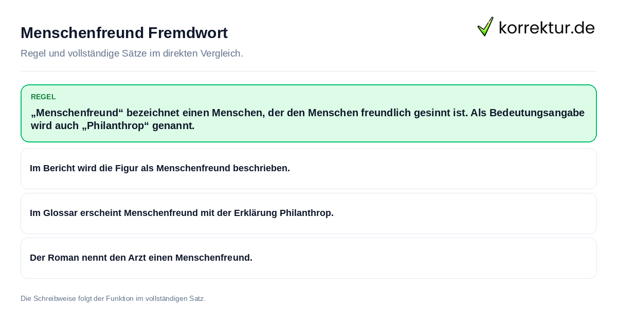 Konkrete Regel und vollständige Beispielsätze zu Menschenfreund Fremdwort