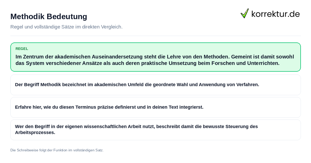 Methodik Bedeutung Konkrete Regel und vollständige Beispielsätze zu Methodik Bedeutung