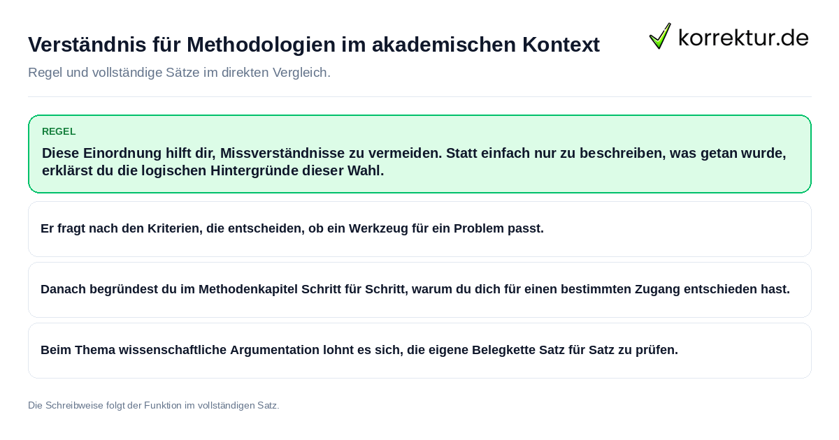 Konkrete Regel und vollständige Beispielsätze zu Verständnis für Methodologien im akademischen