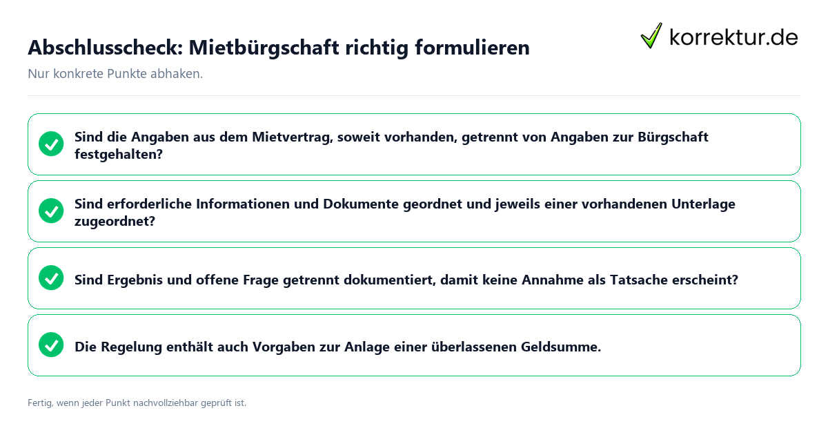 Abschlusscheck: Mietbürgschaft richtig formulieren Konkreter Abschlusscheck zu Mietbürgschaft richtig formulieren