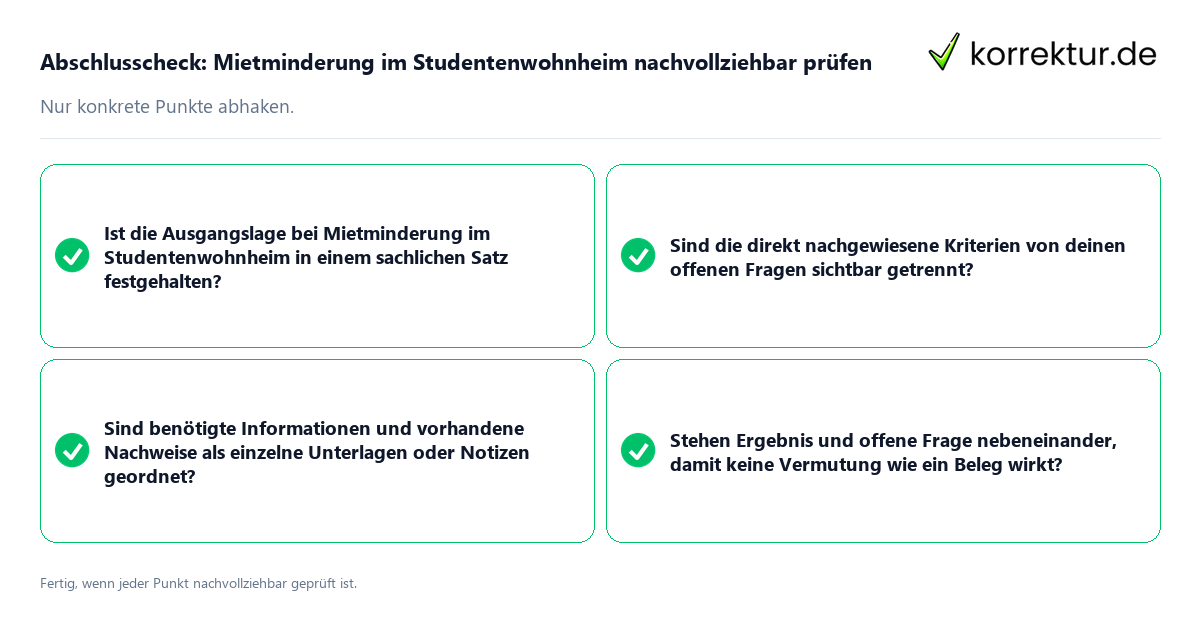 Abschlusscheck: Mietminderung im Studentenwohnheim nachvollziehbar prüfen Konkreter Abschlusscheck zu Mietminderung im Studentenwohnheim nachvollziehbar prüfen