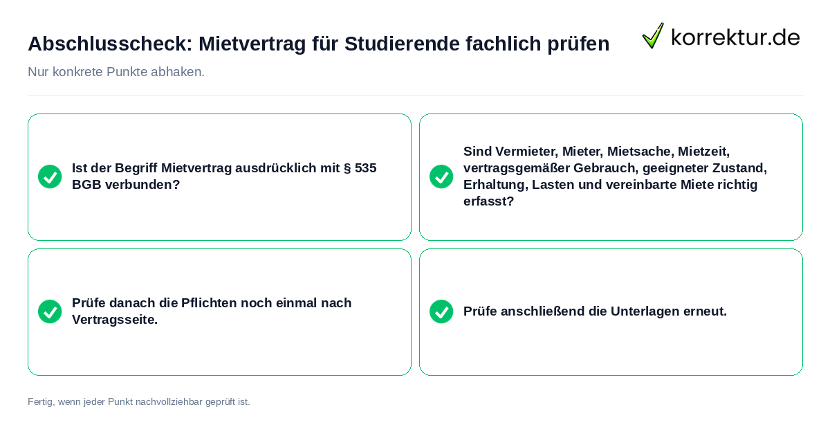 Konkreter Abschlusscheck zu Mietvertrag für Studierende fachlich prüfen