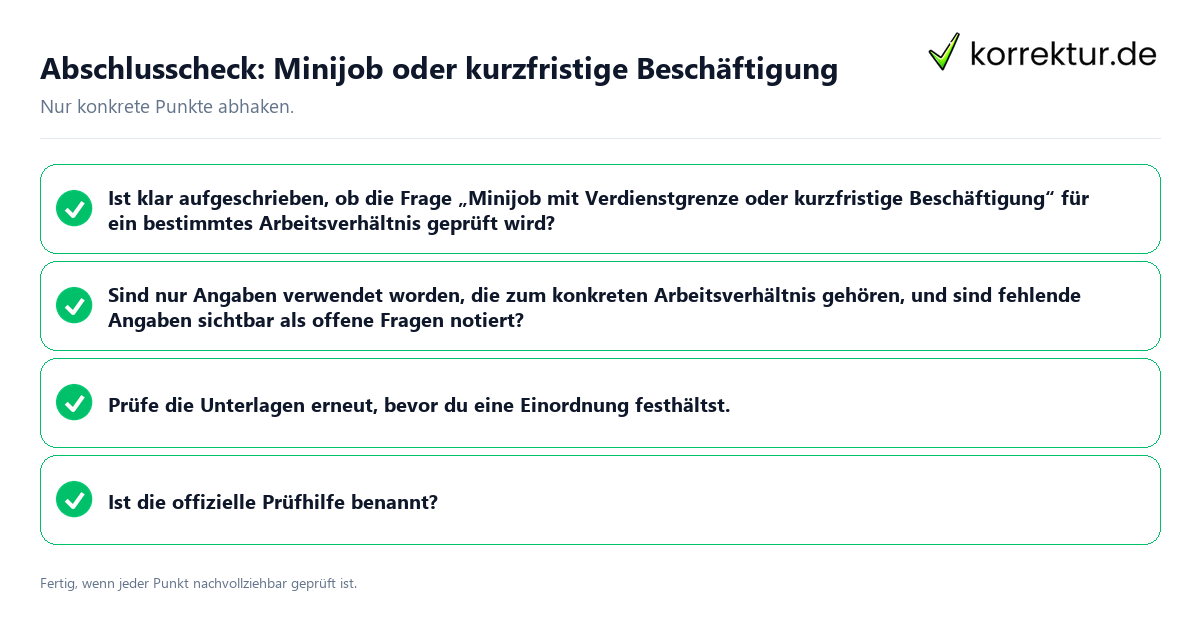 Abschlusscheck: Minijob oder kurzfristige Beschäftigung Konkreter Abschlusscheck zu Minijob oder kurzfristige Beschäftigung