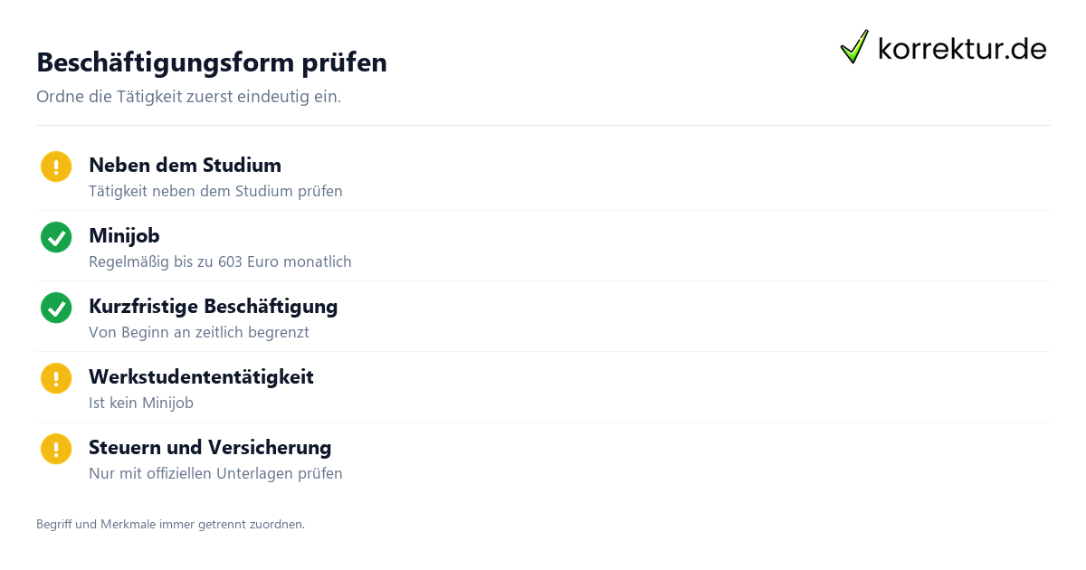Minijob als Student: Steuern und Versicherung einordnen, Beschäftigungsform prüfen