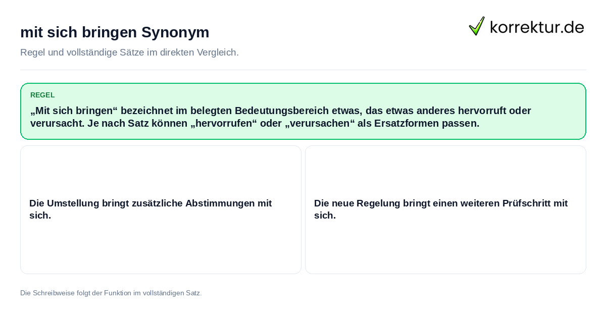 Konkrete Regel und vollständige Beispielsätze zu mit sich bringen Synonym