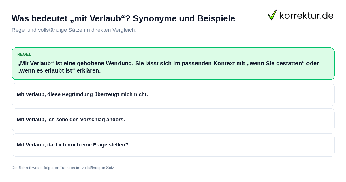 Konkrete Regel und vollständige Beispielsätze zu Was bedeutet „mit Verlaub“? Synonyme und Beispiele