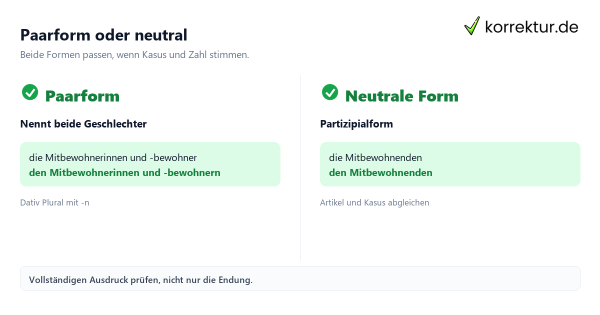 Mitbewohner und Mitbewohnerin passend gendern mit Paarform und neutraler Form