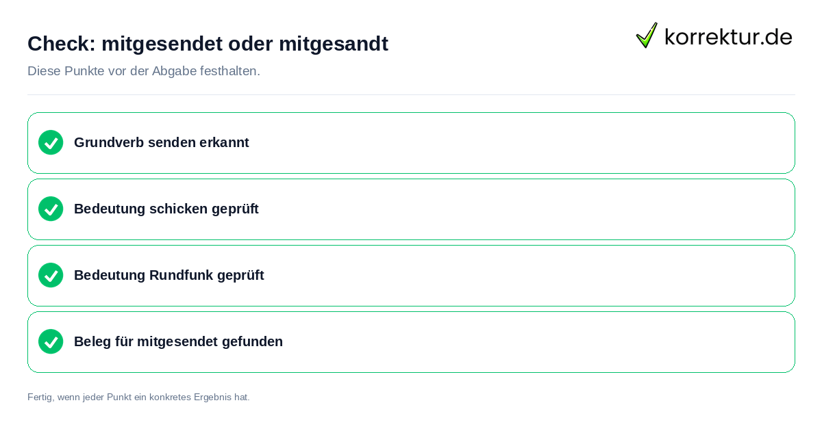 mitgesendet oder mitgesandt: Prüfliste mit vier Punkten
