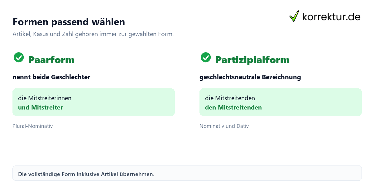 Mitstreiter richtig gendern: Paarform und Partizipialform vergleichen