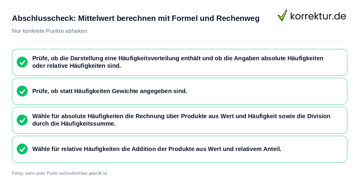 Konkreter Abschlusscheck zu Mittelwert berechnen mit Formel und Rechenweg