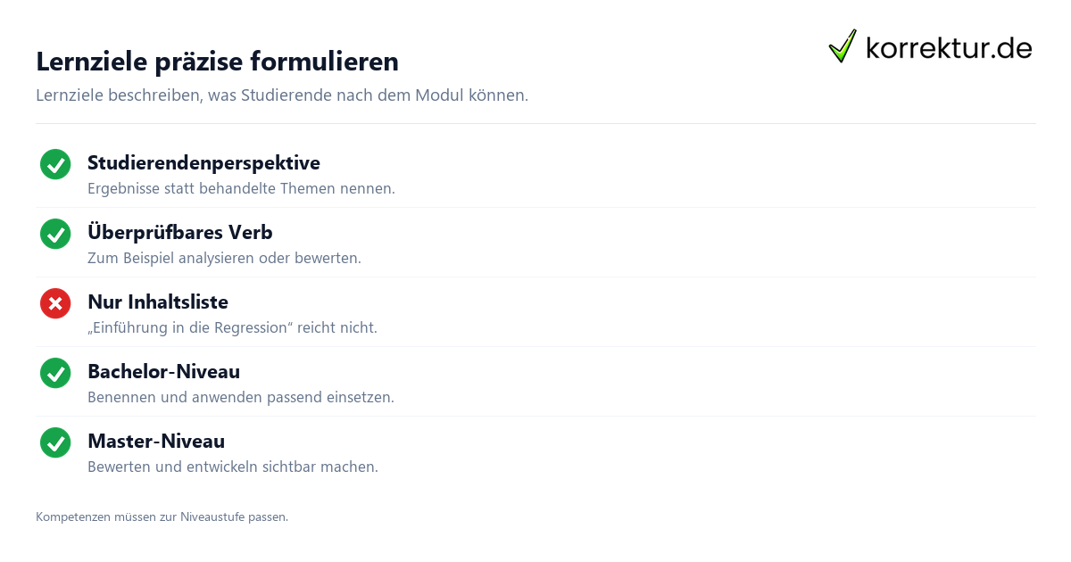 Lernziele präzise formulieren Modulbeschreibung schreiben: Lernziele und Prüfungsform prüfen