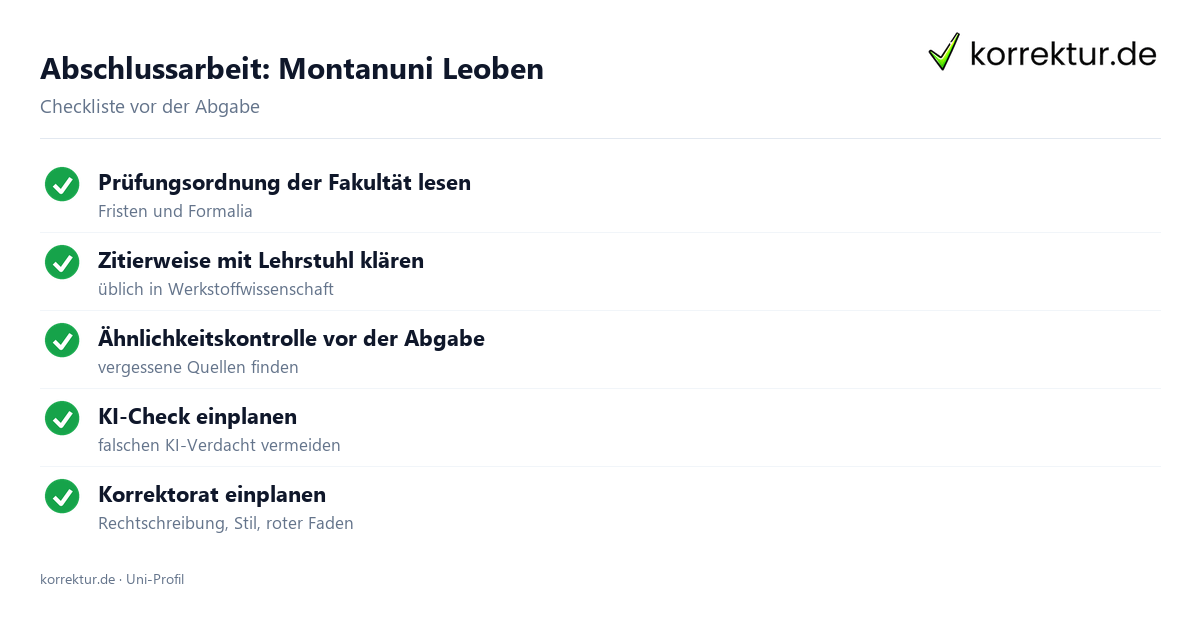 Abschlussarbeit an der Montanuni Leoben – Checkliste zur Abgabe Abschlussarbeit Montanuni Leoben: Formalia, Zitierweise und Ähnlichkeitskontrolle vor der Abgabe