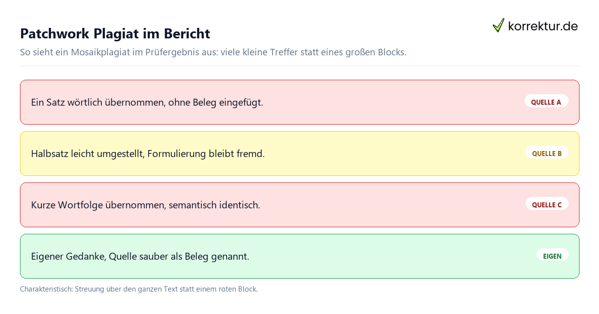 Mosaikplagiat – das Patchwork-Muster Mosaikplagiat Schema: Textbausteine aus vielen Quellen ergeben ein Patchwork Plagiat