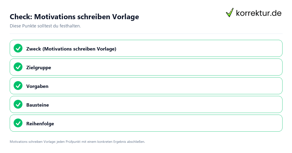 Motivations schreiben Vorlage mit einer themenspezifischen Checkliste