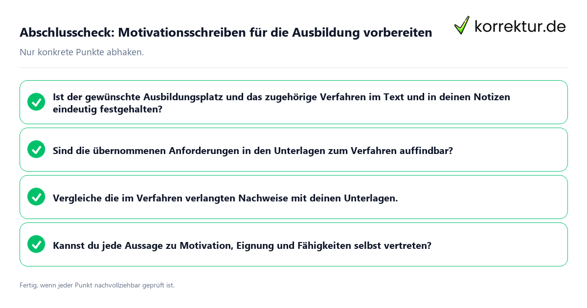 Konkreter Abschlusscheck zu Motivationsschreiben für die Ausbildung vorbereiten