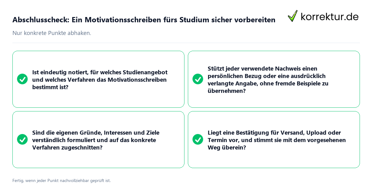 Konkreter Abschlusscheck zu Ein Motivationsschreiben fürs Studium sicher vorbereiten