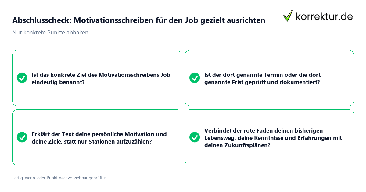 Konkreter Abschlusscheck zu Motivationsschreiben für den Job gezielt ausrichten