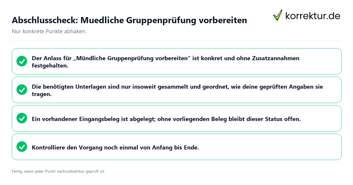 Konkreter Abschlusscheck zu Mündliche Gruppenprüfung vorbereiten