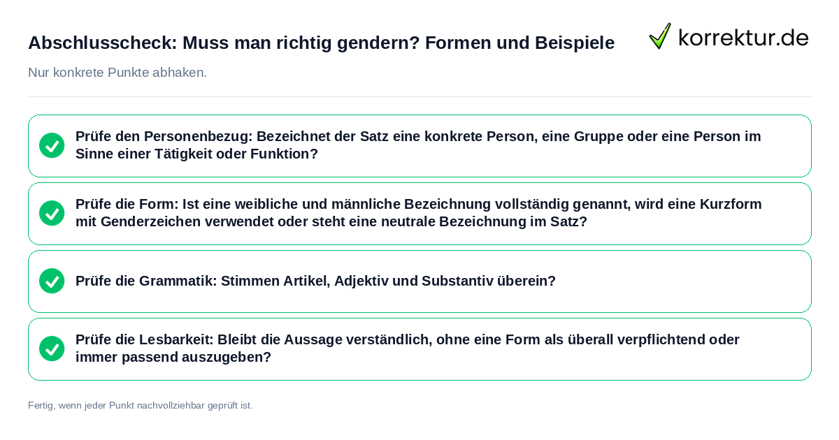 Abschlusscheck: Muss man richtig gendern? Formen und Beispiele Konkreter Abschlusscheck zu Muss man richtig gendern? Formen und Beispiele