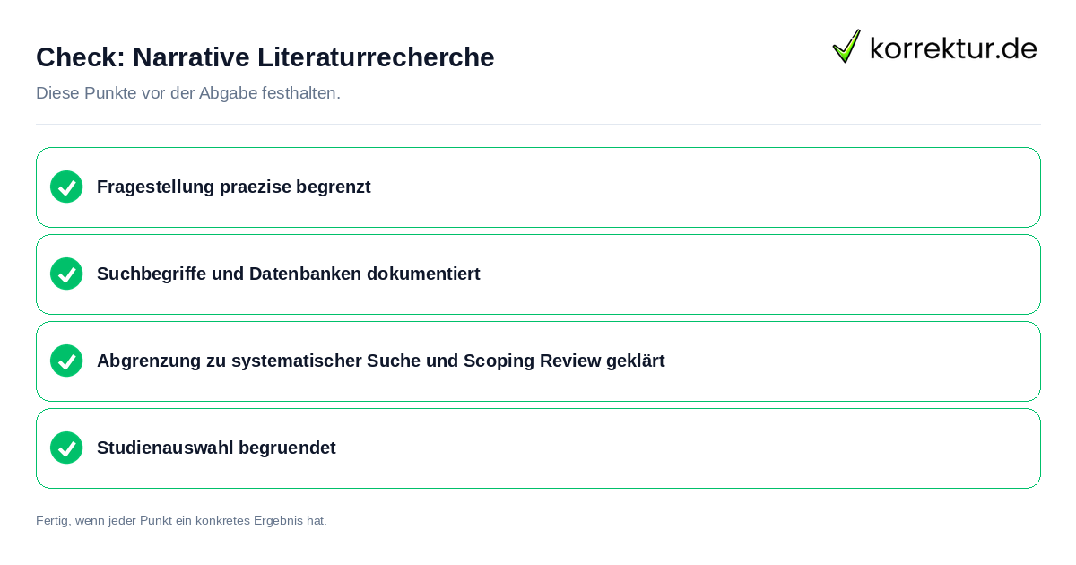 Check: Narrative Literaturrecherche Narrative Literaturrecherche: Prüfliste mit vier Punkten