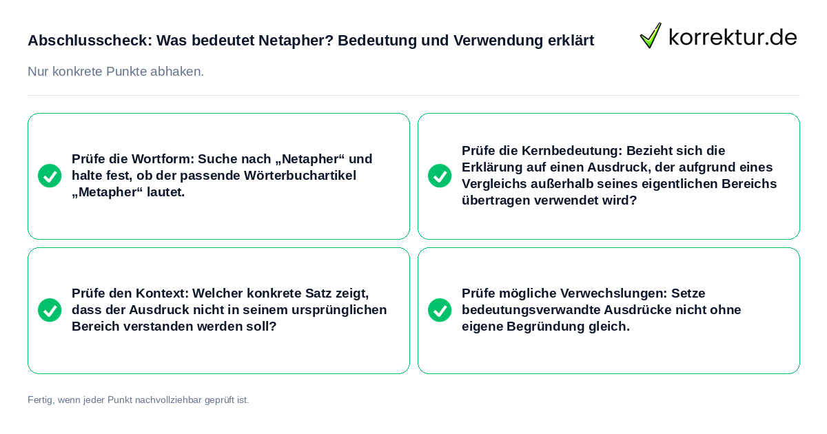 Konkreter Abschlusscheck zu Was bedeutet Netapher? Bedeutung und Verwendung erklärt