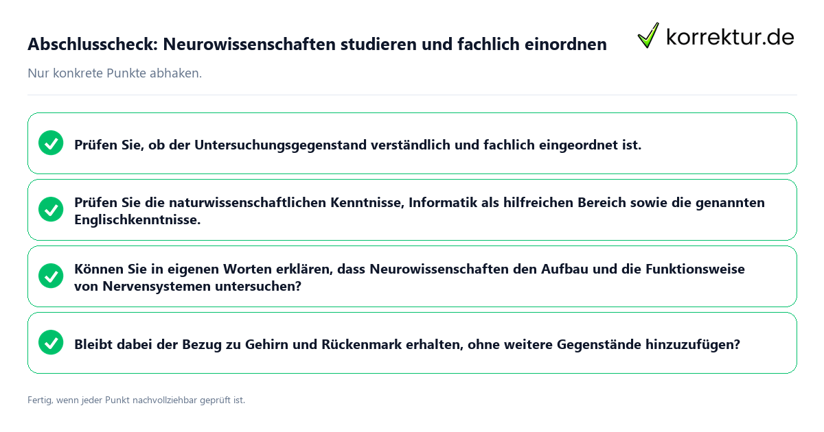 Konkreter Abschlusscheck zu Neurowissenschaften studieren und fachlich einordnen
