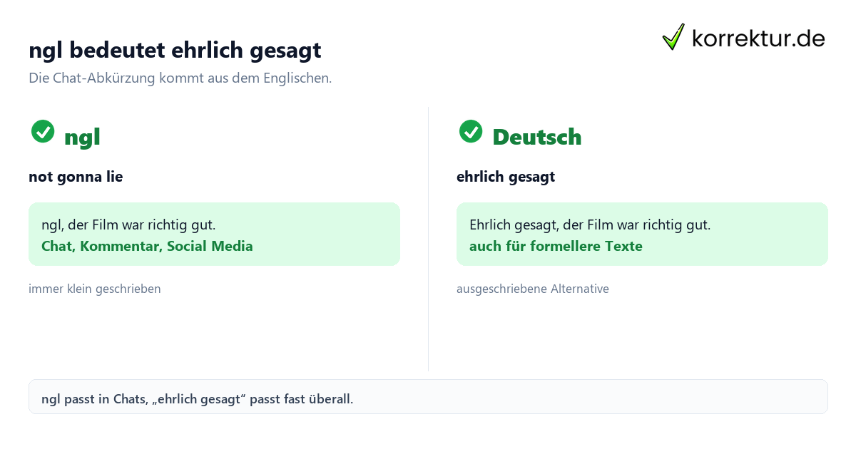 ngl bedeutet ehrlich gesagt ngl Bedeutung: Englisch und deutsche Übersetzung im Vergleich