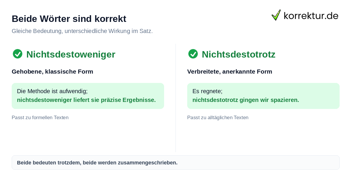 Beide Wörter sind korrekt Nichtsdestotrotz oder nichtsdestoweniger im Vergleich