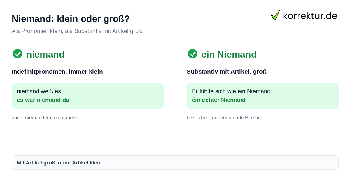 Niemand groß oder klein: Pronomen klein, Substantiv groß