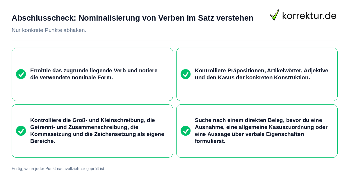Konkreter Abschlusscheck zu Nominalisierung von Verben im Satz verstehen