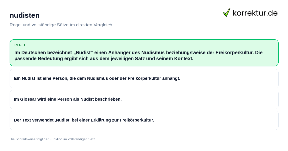 Konkrete Regel und vollständige Beispielsätze zu nudisten