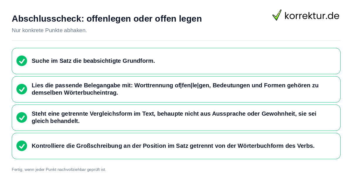 Konkreter Abschlusscheck zu offenlegen oder offen legen