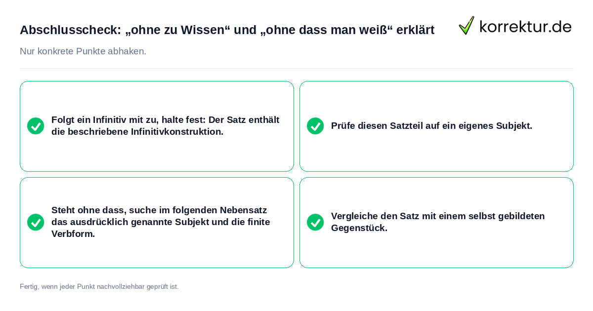 Konkreter Abschlusscheck zu „ohne zu Wissen“ und „ohne dass man weiß“ erklärt