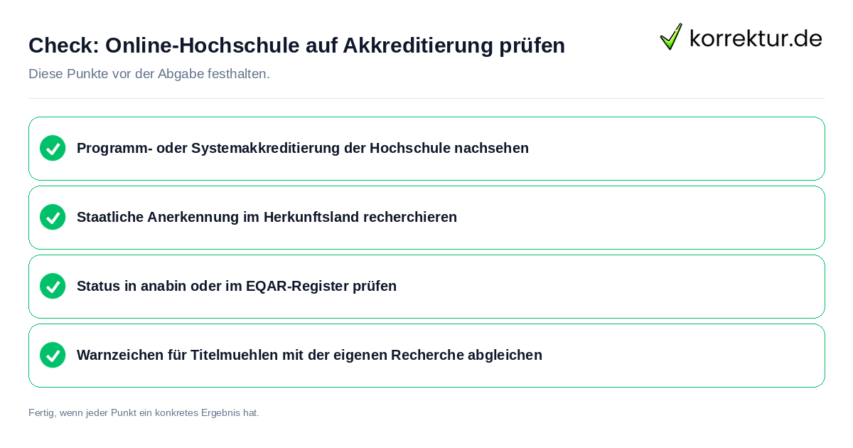 Online-Hochschule auf Akkreditierung prüfen: Prüfliste mit vier Punkten