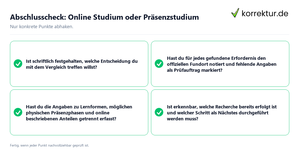 Konkreter Abschlusscheck zu Online Studium oder Präsenzstudium