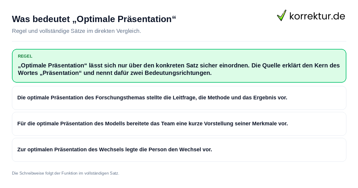 Konkrete Regel und vollständige Beispielsätze zu Was bedeutet „Optimale Präsentation“