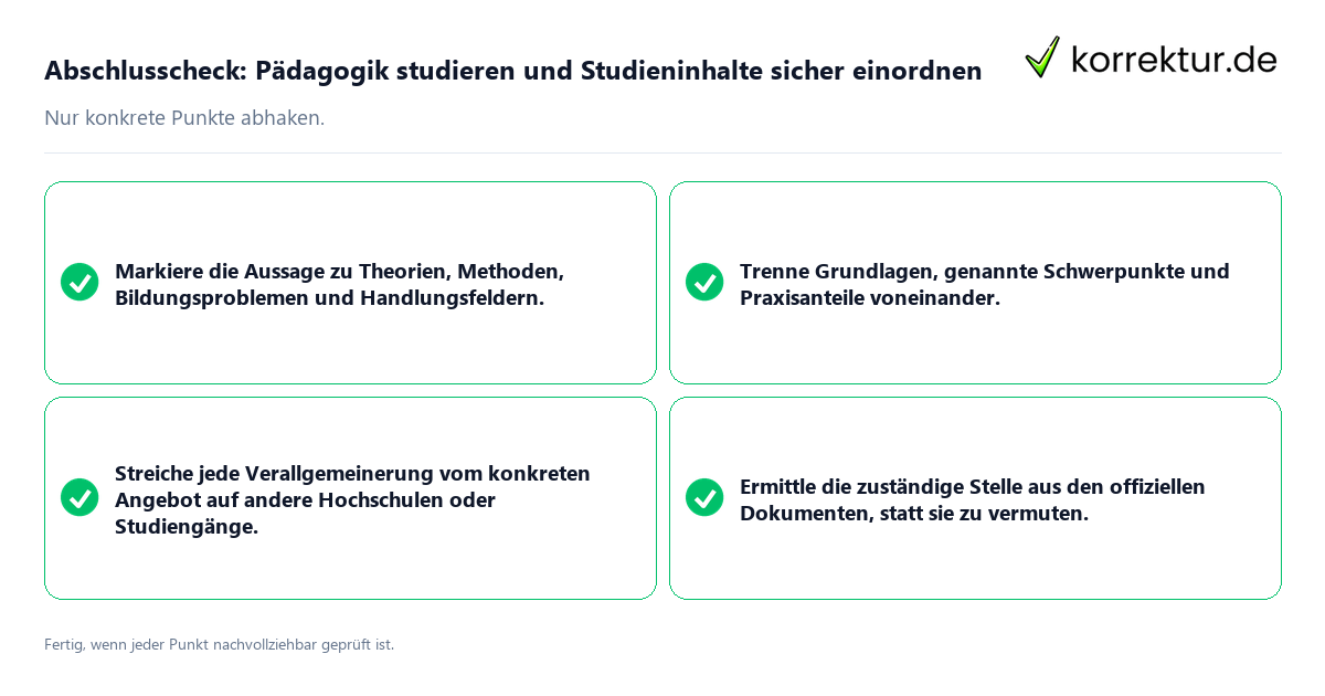 Konkreter Abschlusscheck zu Pädagogik studieren und Studieninhalte sicher einordnen