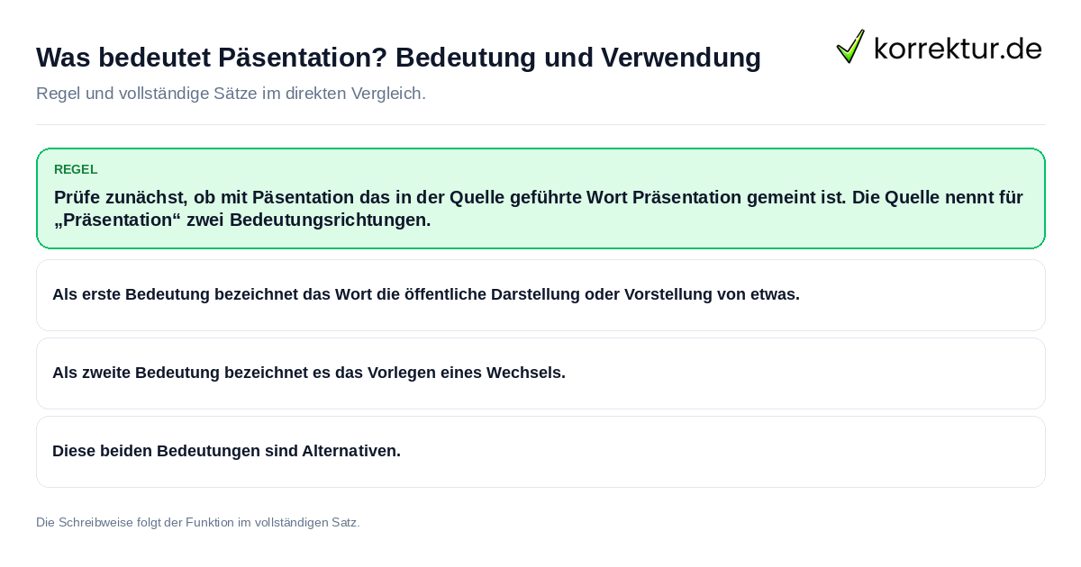Konkrete Regel und vollständige Beispielsätze zu Was bedeutet Päsentation? Bedeutung und Verwendung
