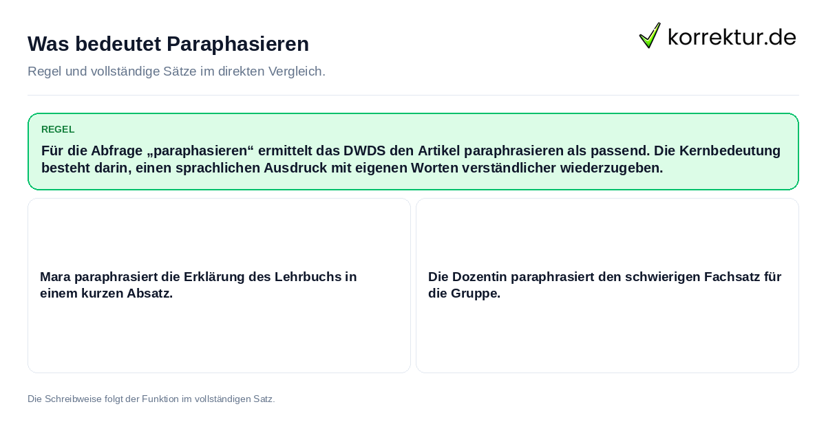 Konkrete Regel und vollständige Beispielsätze zu Was bedeutet Paraphasieren