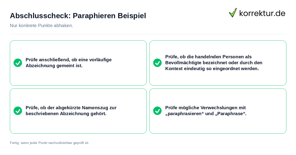 Konkreter Abschlusscheck zu Paraphieren Beispiel