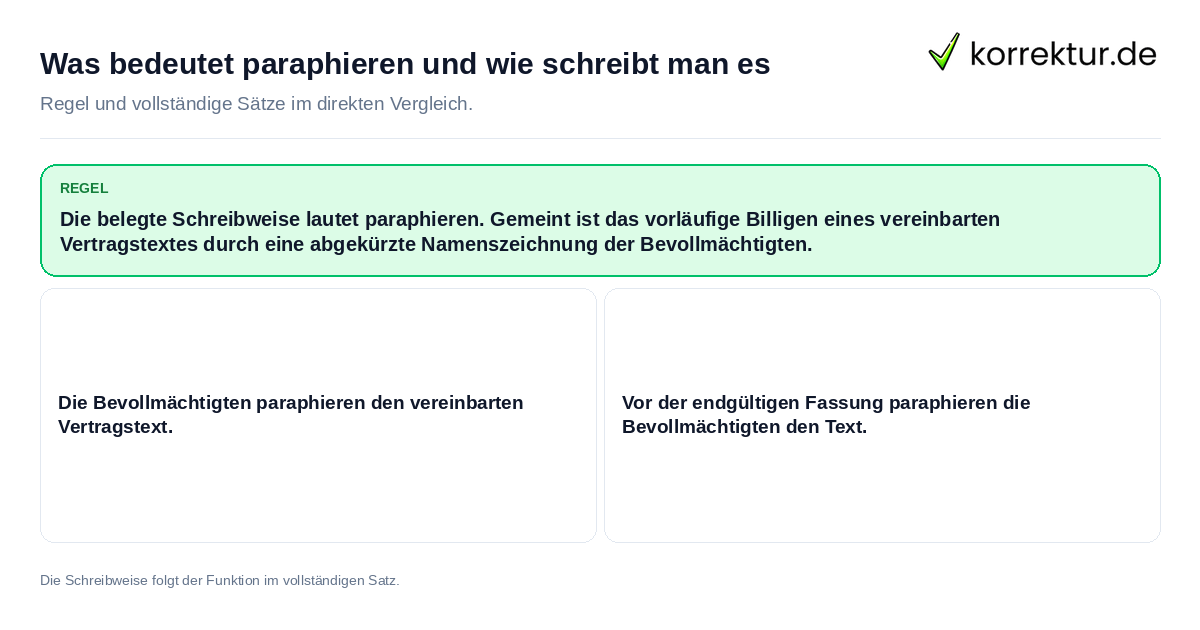 Konkrete Regel und vollständige Beispielsätze zu Was bedeutet paraphieren und wie schreibt man es
