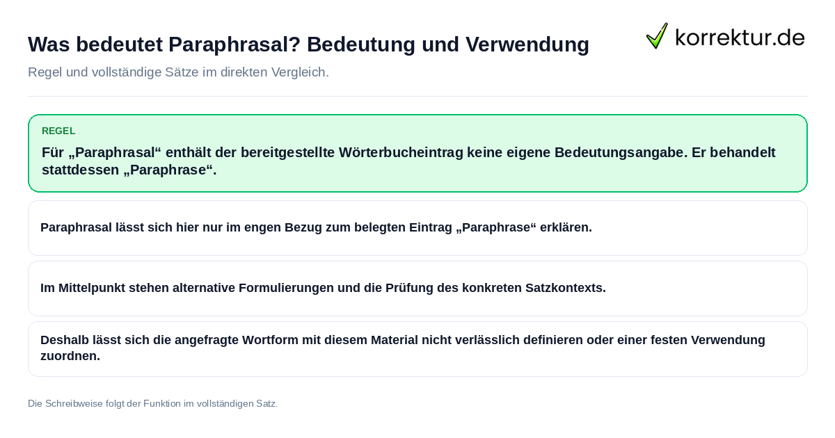 Konkrete Regel und vollständige Beispielsätze zu Was bedeutet Paraphrasal? Bedeutung und Verwendung
