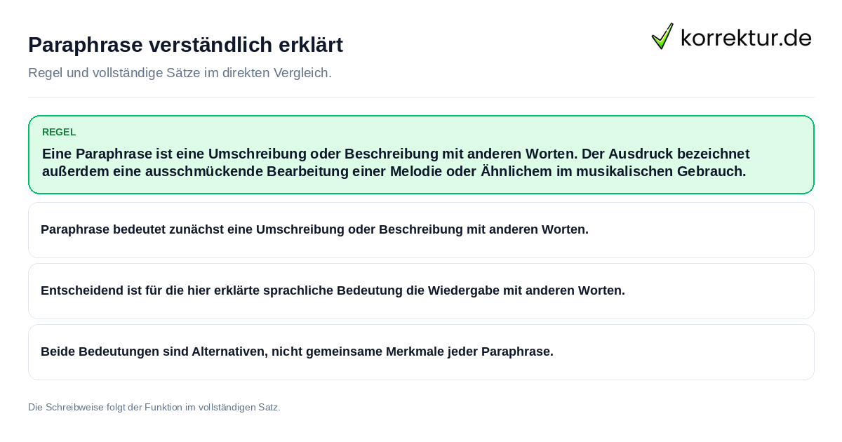 Konkrete Regel und vollständige Beispielsätze zu Paraphrase verständlich erklärt